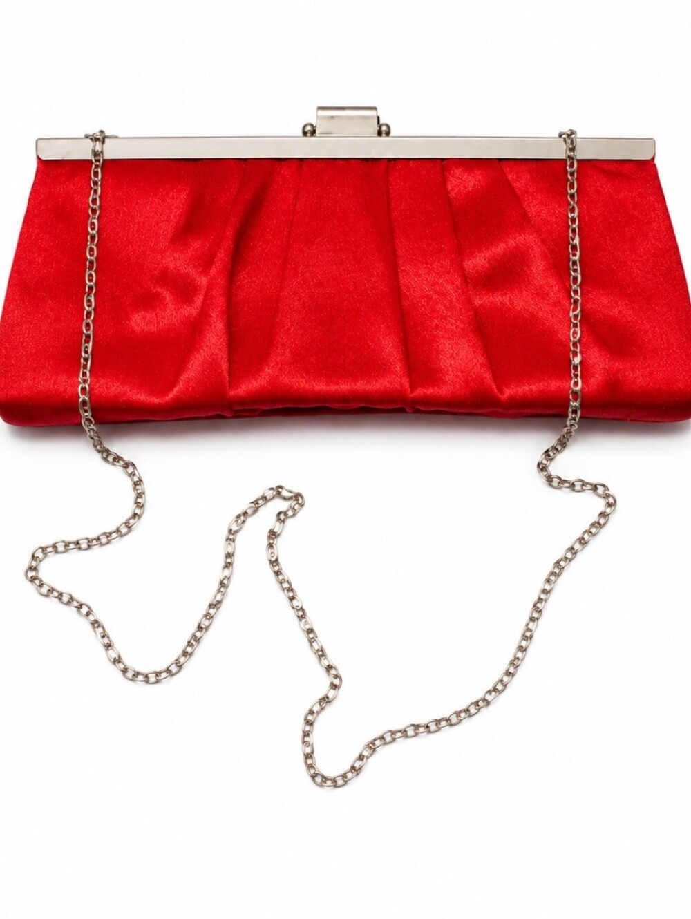 Jacqueline Ferrar Red Satin Pleated Clutch with Silver Chain